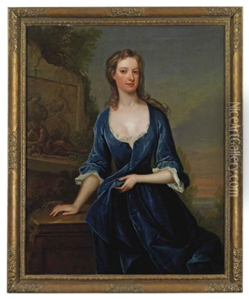 Portrait Of A Lady In A Blue Dress Beside Classical Relief, A Lake Beyond Oil Painting - Charles Jervas