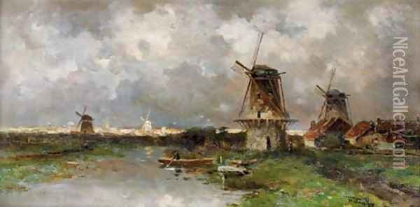 Opkomend onweder windmills along a river Oil Painting - Willem Cornelis Rip