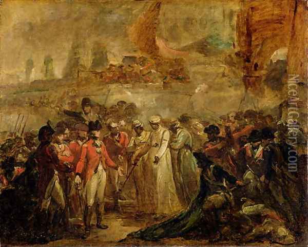 The Surrender of the Two Sons of Tipu Sahib 1749-99, Sultan of Mysore, to Sir David Baird, c.1800 Oil Painting - Henry Singleton