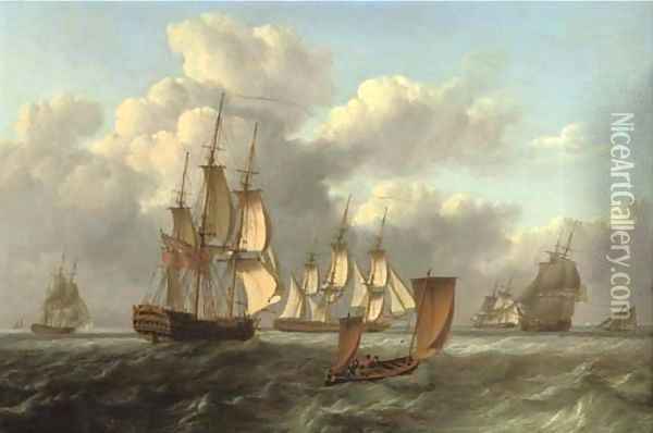 A squadron of frigates arriving at a rendezvous with a lugger passing them Oil Painting - William Anderson