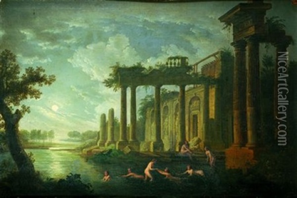 Baigneuses Pres D'un Lac Au Bord Des Ruines D'un Temple Antique Au Clair De Lune Oil Painting - Jean Francois Hue