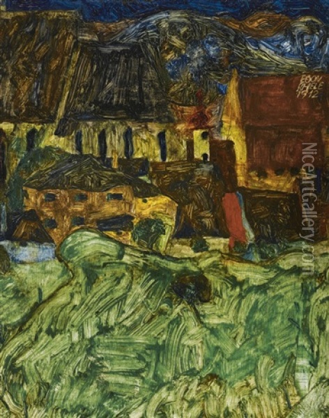 Wiese, Kirche Und Hauser (meadow, Church, And Houses) Oil Painting - Egon Schiele