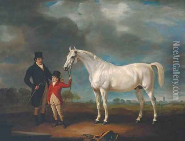 Mr Powell and his Son, with Norton, a Grey Hunter Oil Painting - John Snr Ferneley