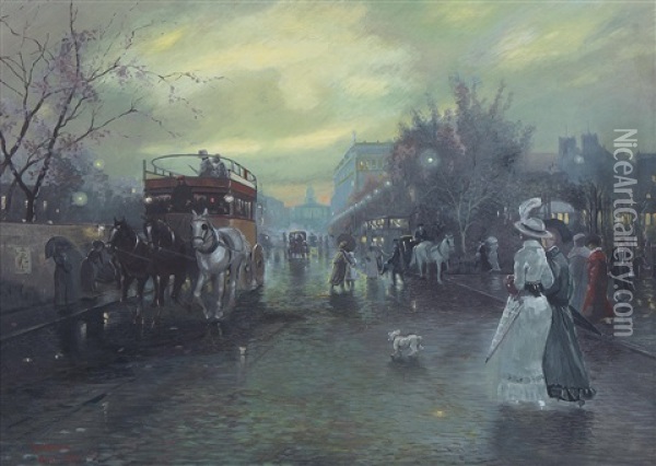 Paris Gatuvimmel I Aftonljus Oil Painting - Emil Lindemann