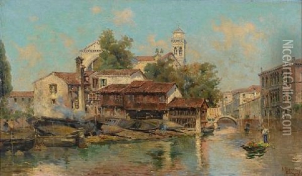 On A Venetian Canal Oil Painting - Antonio Maria de Reyna Manescau