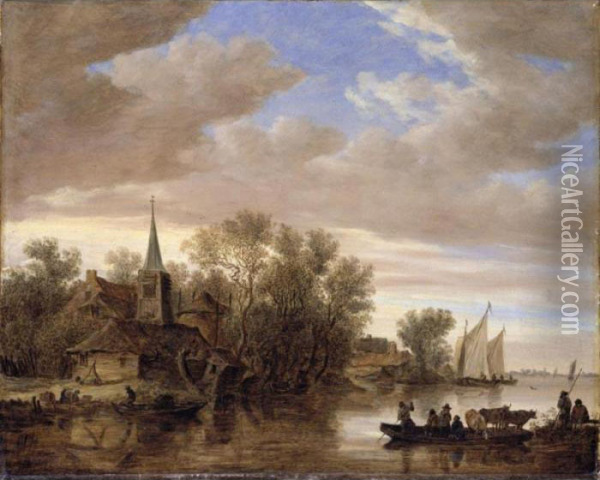 A River Landscape With A Cattle-ferry Oil Painting - Jan van Goyen