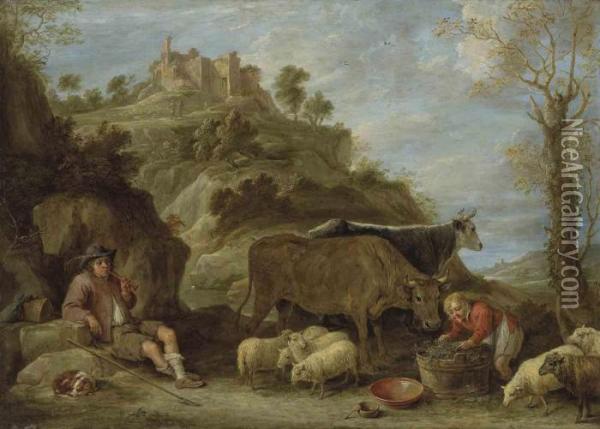 A Mountainous Landscape, A 
Shepherd With His Flock And A Milkmaidwith Cattle, A Hilltop Town Beyond Oil Painting - David The Younger Teniers