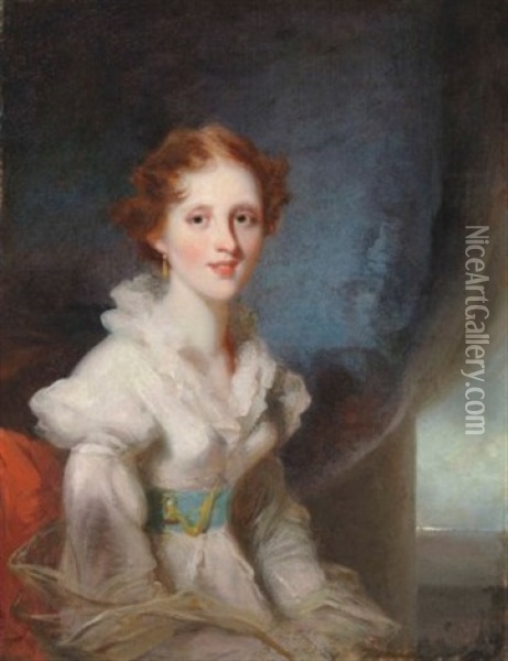 Portrait Of A Lady, Seated Half Length, Wearing A Blue Sash Oil Painting - George Chinnery