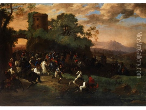 Reitergefecht In Landschaft Mit Vom Pferd Gesturztem Hauptmann Oil Painting - Jan van Huchtenburg