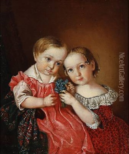 Two Little Girls With A Bouquet Of Anemones Oil Painting - Kilian Christoffer Zoll