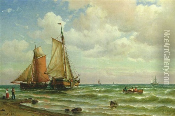 Dutch Sailing Vessels In The Surf Oil Painting - Carl Ludwig Bille