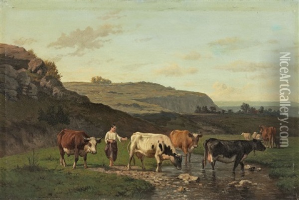 Weite Landschaft Mit Hirtin Und Herde An Einem Bach Oil Painting - Louis Robbe