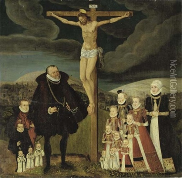 A Devotional Image Portrait Of Achaz Ii Von Veltheim And His Wife Margarethe And Their Children With The Crucifixion, A Town Beyond Oil Painting - Nicolas Neufchatel
