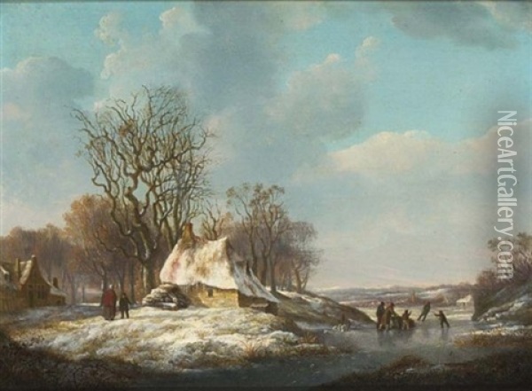 A Winter Landscape With Skaters On The Ice Oil Painting - Nicolas Cz Barnouw