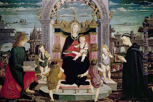 Virgin and Child Enthroned with St. John the Evangelist and the Blessed Giacomo Bertoni Oil Painting - Leonardo I Scaletti