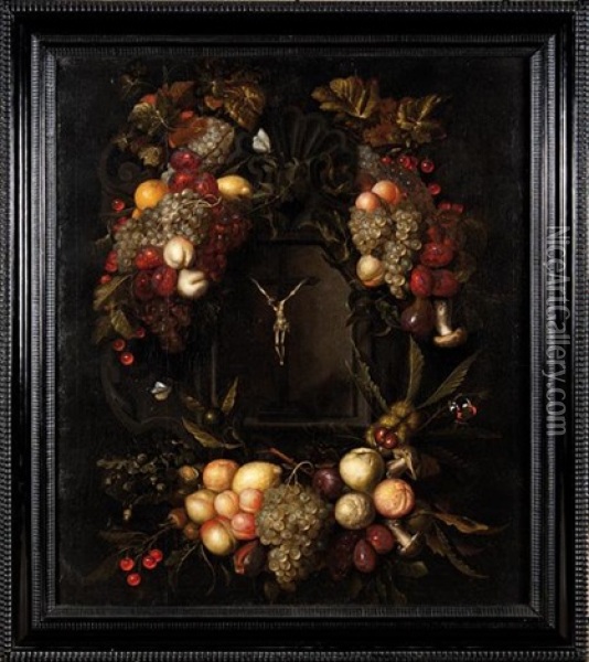 Guirlande De Fruits Et De Fleurs Autour D'un Crucifix Oil Painting - Alexander Coosemans