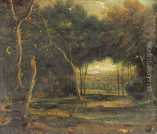 A wooded landscape with figures by a pond Oil Painting - Lucas Van Uden