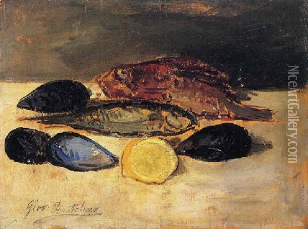 Natura Morta Con Pesci, Cozze E Limone Oil Painting - Giovanni Bartolena