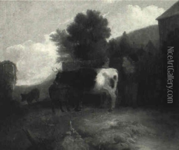 Landscape With Family And Cow Oil Painting - Alvan Fisher