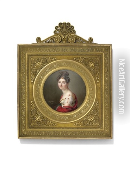 Therese Jeanne Marie Hortense De Tardieu, Marquise De Maleyssie, Nee De Luc (d. 1826), In White Dress And Red Shawl Oil Painting - Jean Baptiste Jacques Augustin