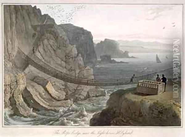 The Rope Bridge near the Lighthouse Holyhead Oil Painting - William Daniell RA