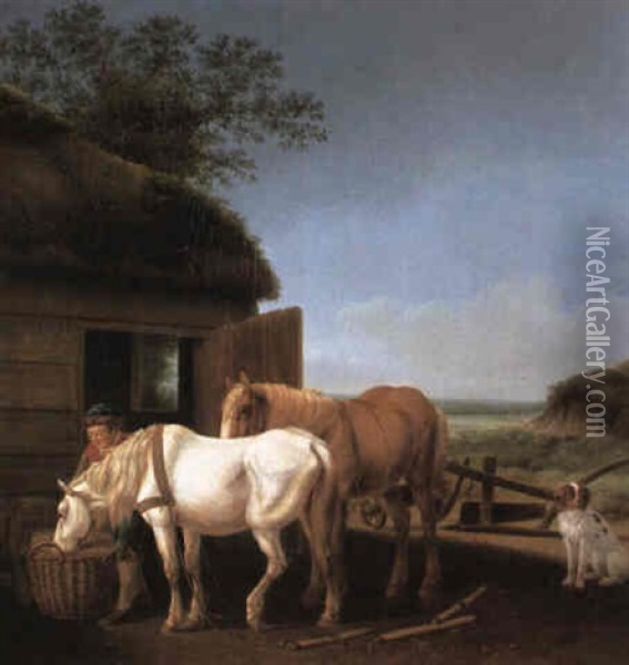 Groom With Two Horses And A Spaniel Before A Stable Oil Painting - Martinus Antonius Kuytenbrouwer the Elder