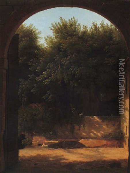 A View Of A Sunlit Courtyard With A Trough, Seen Through An Archway Oil Painting - Jean Victor Bertin