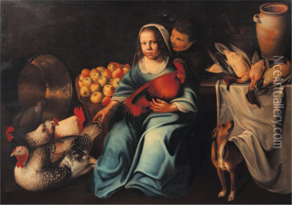 Jeune Fille Aux Pommes Et Poules Oil Painting - Cornelis Willemsz. Eversdyck