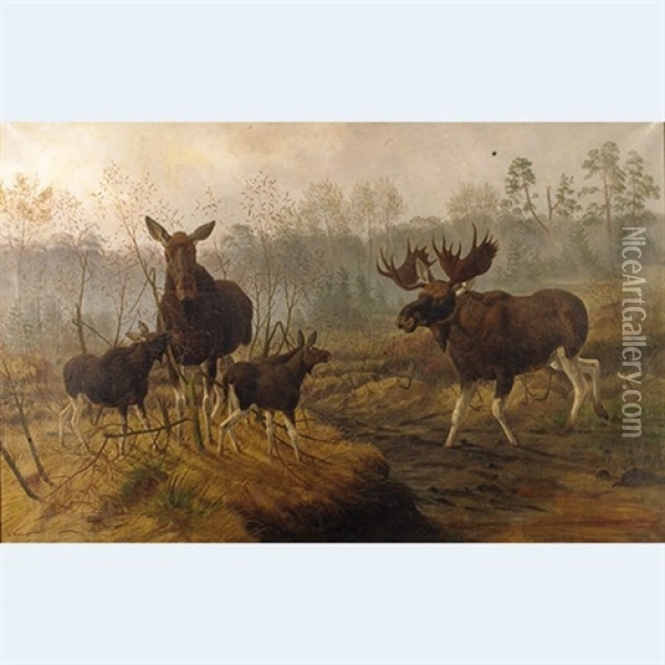 Moose Family In A Landscape Oil Painting - Oskar Krockow von Wickerode