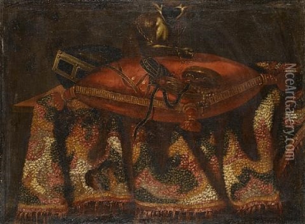 A Chained Monkey On A Cushion On A Draped Table-top Oil Painting - Antonio Gianlisi