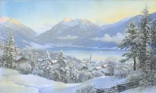 Blick Auf Den Winterlichen
 Schliersee. Oil Painting - Rudolf Reschreiter