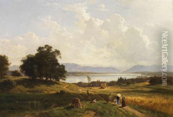 Der Starnberger See Von Pocking Aus Gesehen Oil Painting - Adolf Heinrich Lier