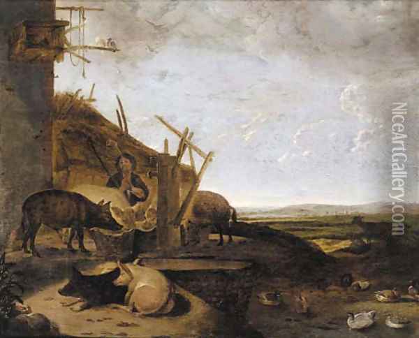 The Prodigal Son among the swines Oil Painting - Cornelis Saftleven