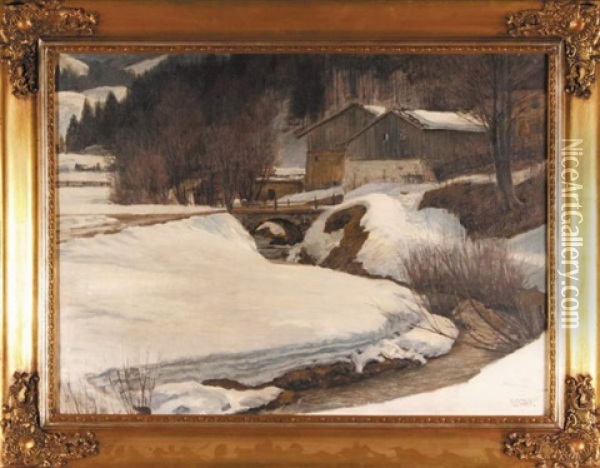 Pejzaz Zimowy Z Rzeka Oil Painting - Otto Rau