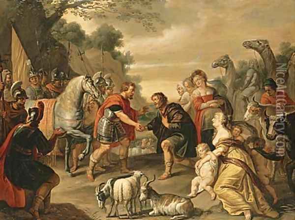 The reconciliation of Jacob and Esau Oil Painting - Abraham Willemsens
