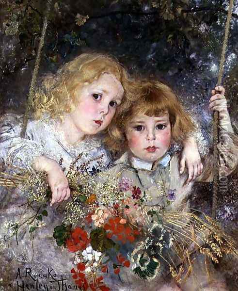 Portrait of Ernest and Beatrice Makins on a Swing Oil Painting - Anton Romako
