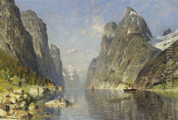 Fjordlandschaft Mit Kleinem Dampfer Oil Painting - Adelsteen Normann