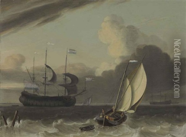 A Dutch Merchantman And A Sprit Sail Barge In A Breeze Oil Painting - Jan Claesz Rietschoof