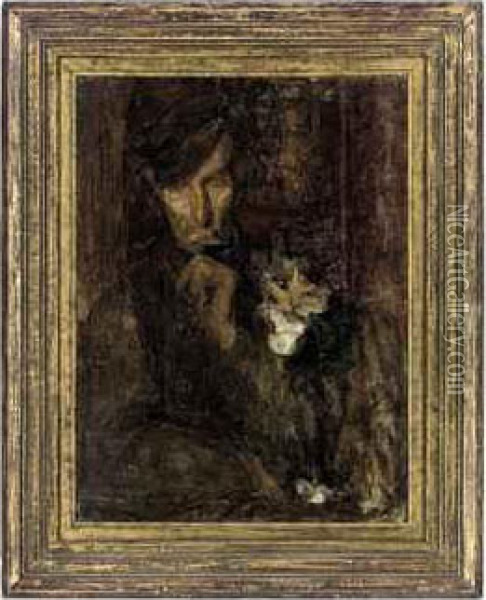 A Man With A Cat Oil Painting - Beatrice Julia How