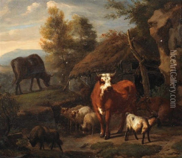 Viehherde Vor Einer Hutte Oil Painting - Dirk van Bergen