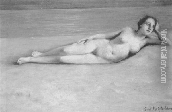 Am Sandstrand Ausgestreckt Liegender Weiblicher Akt Oil Painting - Carl Kricheldorf
