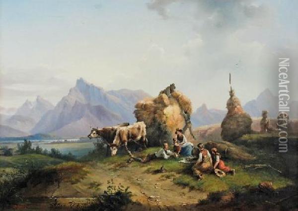 Pejzaz Gorski Ze Zwozka Siana Oil Painting - Heinrich Burkel