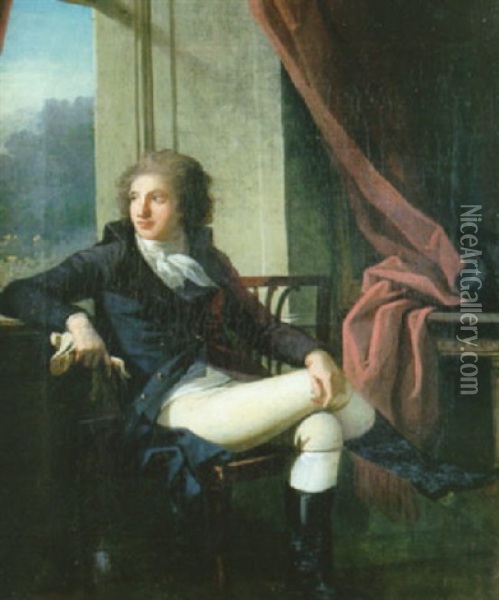 Portrait D'un Jeune Homme Assis Dans Un Interieur, Accoude A La Fenetre Oil Painting - Henri-Pierre Danloux
