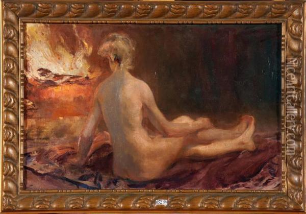 Jeune Femme Nue Devant Le Foyer Oil Painting - Charles Hermans