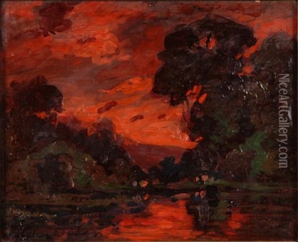 Sunset Beyond A Pool Oil Painting - Tilden Daken