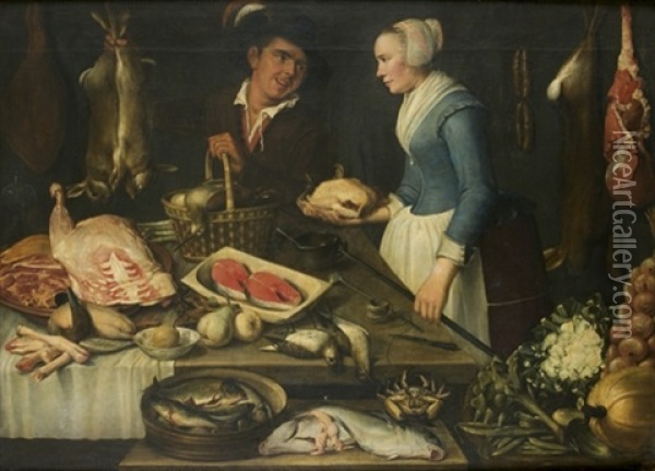 Une Cuisiniere Et Un Serviteur Preparant Un Repas Oil Painting - Jacob Maertens