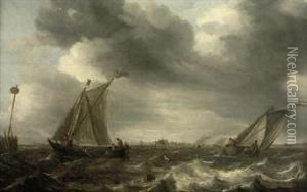 Shipping In Choppy Waters, A Town In The Distance Oil Painting - Abraham Hendrickz Van Beyeren