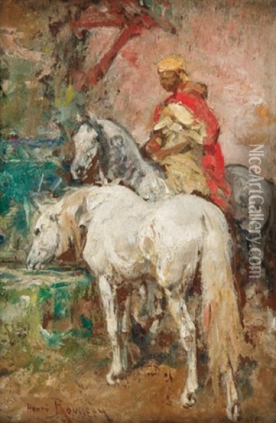 Cavalier Et Ses Chevaux A La Fontaine Oil Painting - Henri Emilien Rousseau