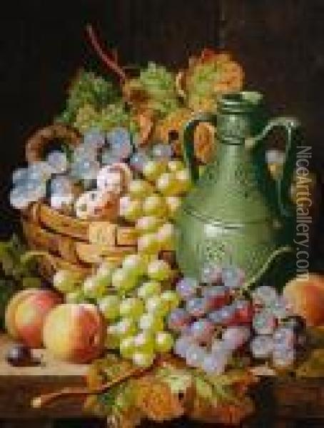 Still Life Of Fruit And A Pottery Vase Restingon A Table Oil Painting - Charles Thomas Bale