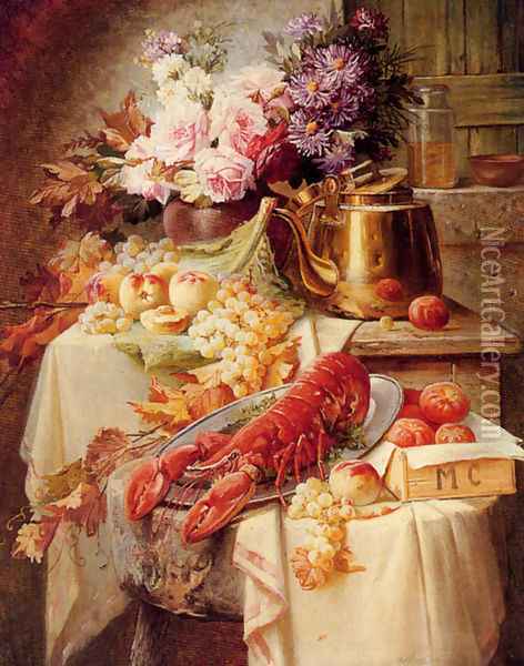 Still Life With A Lobster And Assorted Fruit And Flowers Oil Painting - Modeste Carlier